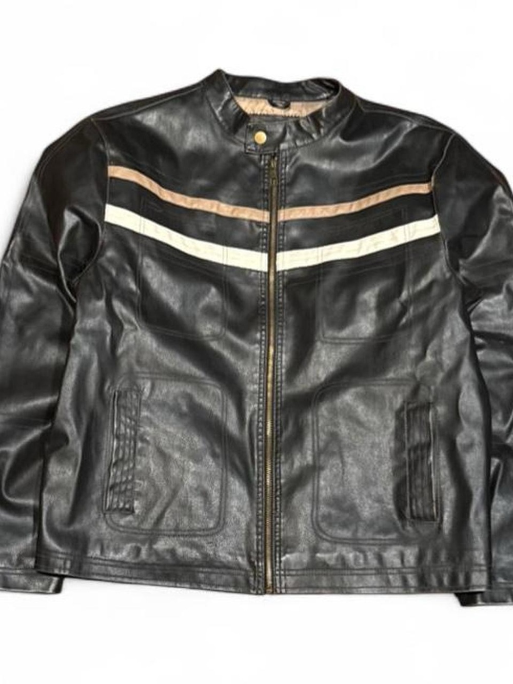 Vintage Whispering Smith Striped Quilted Lined Black Bomber Leather Jacket